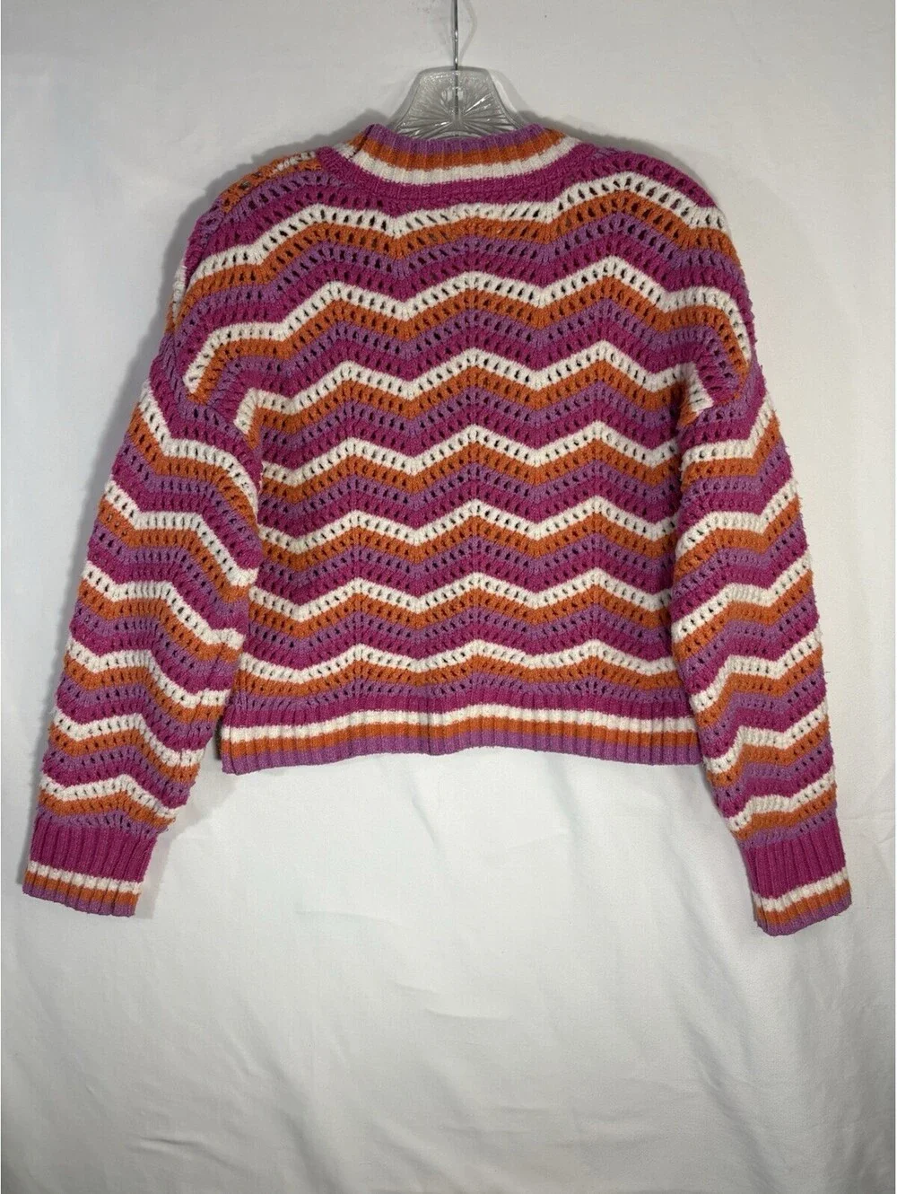 Hippie Rose Sweater Womens M Pink Orange Chevron Crochet Open Knit Boho Cropped
